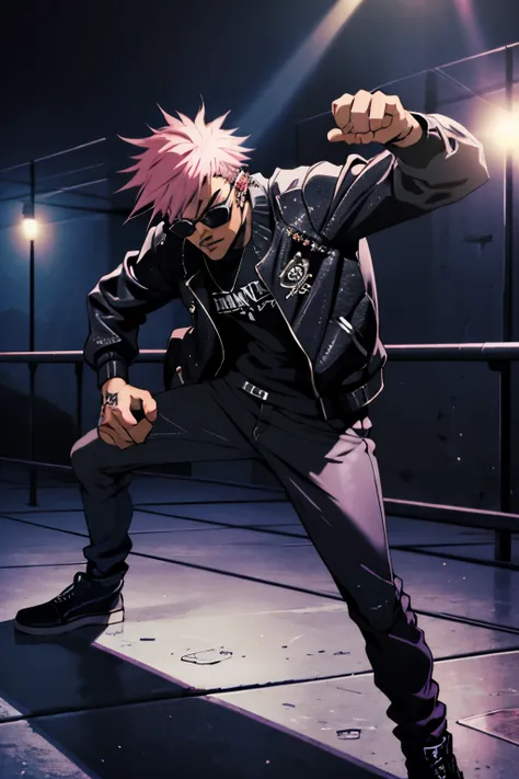 Black young man, punk clothes, cool sun glasses, punk hair, black hair, pink hair, piercings, tattoo, guitar, Night, dark place, black man, fight pose, fight pose