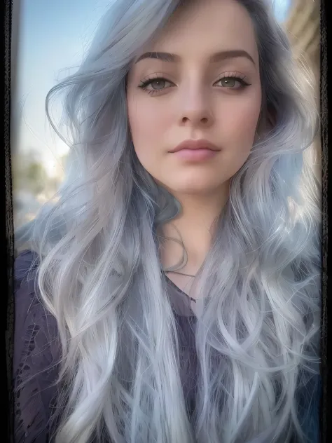 um close up de uma mulher com cabelos longos e uma camisa preta, flowy white grey hair, cabelo prateado!!, Angie Glock, her hair is silver, post-processed), cabelo prateado, ((tons de azul esverdeado)), azul e cinza, alguns cabelos grisalhos, flowing cabel...