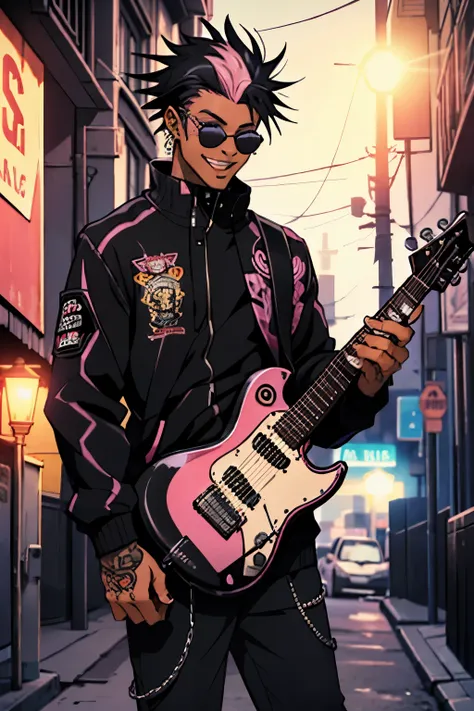 black young man, punk clothes, cool sun glasses, punk hair, black hair, pink hair, piercings, tattoo, smile, guitar, night, dark...