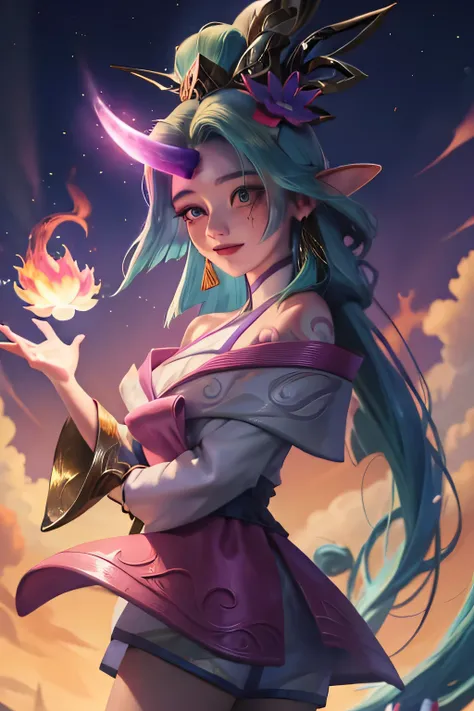 (obra de arte, melhor qualidade:1.2), detalhes intrincados, soraka flower spirit, 1 garota, pele roxa, pele colorida, single hor...