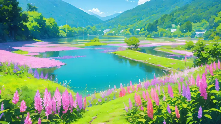 valley ghibli beautiful background flowers and plants, a lake with flowers