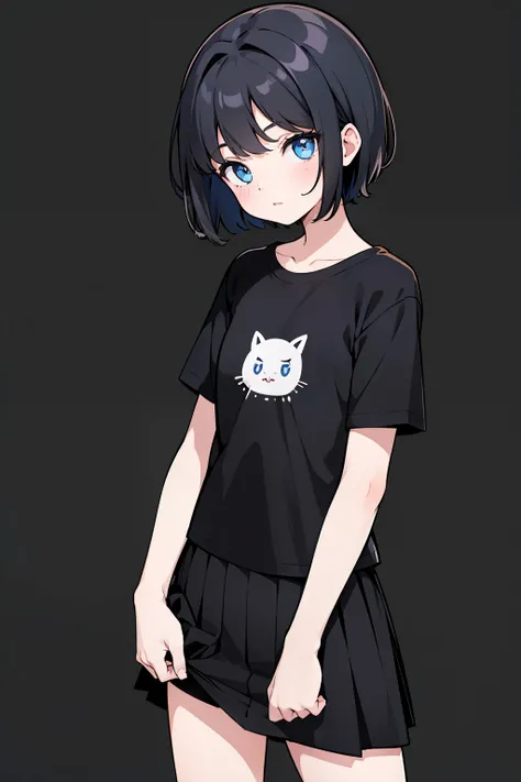 1girl, solo, blue eyes, (detailed eyes), flat chest, short hair, black hair, ((black t-shirt)), simple t-shirt, black skirt, bla...