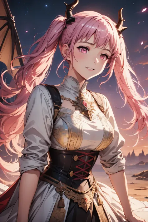 (masterpiece),(intricate details), 1girl, hilda from fire emblem, hilda, pigtails, pink hair, pink eyes, dragon horns, [[horns]], horned, big horns, arknight style, arknights character, art, 4k art, artstation, hd art, hd, ethereal background with starmaps...