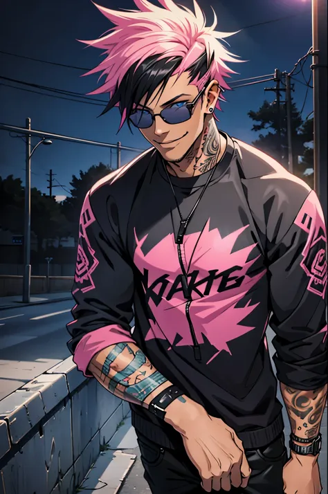 black young man, punk clothes, cool sun glasses, punk hair, black hair, pink hair, piercings, tattoo, smile, night, dark place, ...