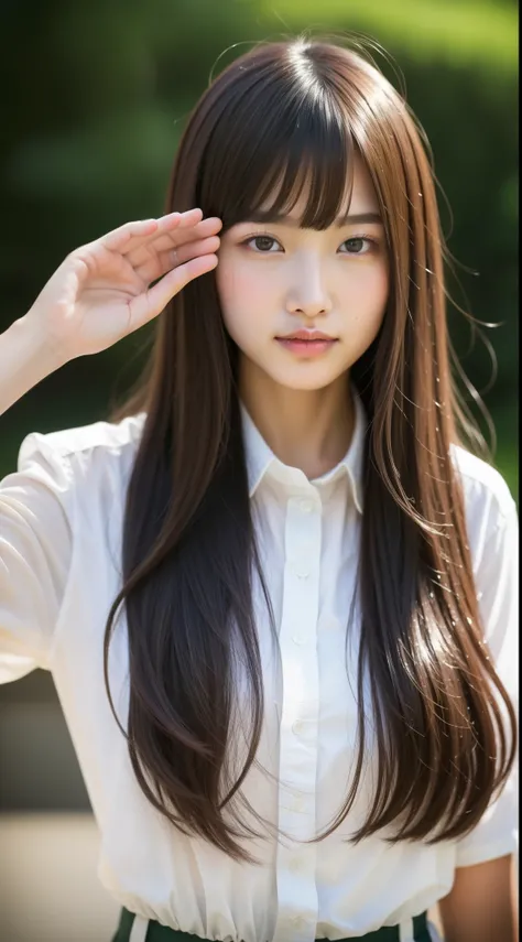 Army Uniforms、saluting、Longhaire、close up of face、evening glow、(​masterpiece、top-quality) 、For clear images、absolutely outstanding image, very extremely beautiful、​masterpiece, top-quality,a picture, kawaii、(Colossal tits:1.2)、((20 year old woman:1.2))、You...