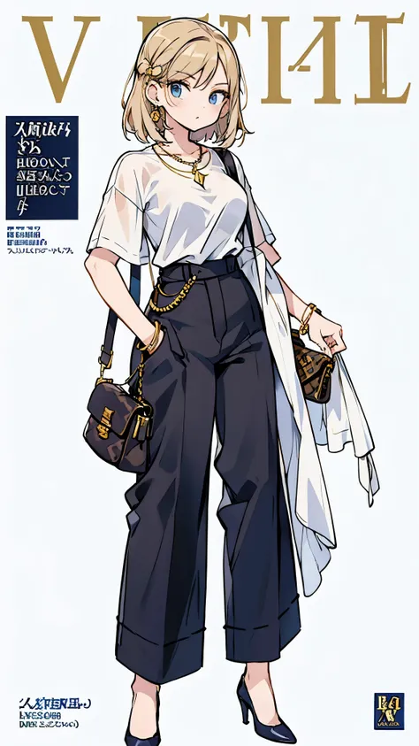 model, magazine cover, handbag, purse, louis vuitton, fashion, modern, pants, blouse, short sleeve, white shirt, gold jewelry 