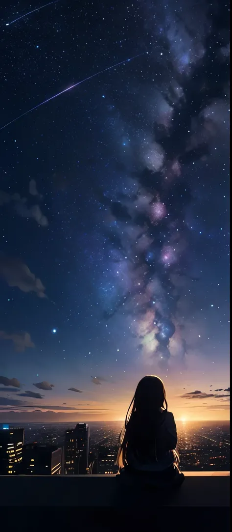 Octanes, sky, star (sky), landscape, starry sky, night, 1 girl, night sky, One, on open air, building, cloud, the Milky Way, is sitting, tree, long hair, city, silhouette, cityscape  