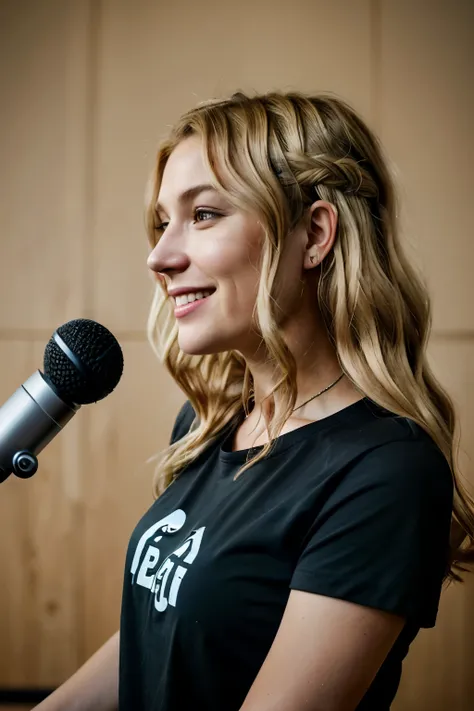 Podcast artist, with a smile on her face, podcaster, ultra-realistic beautiful lady with blonde wavy hair, speaking into a microphone, wearing an everyday simple plain black T-shirt, left profile