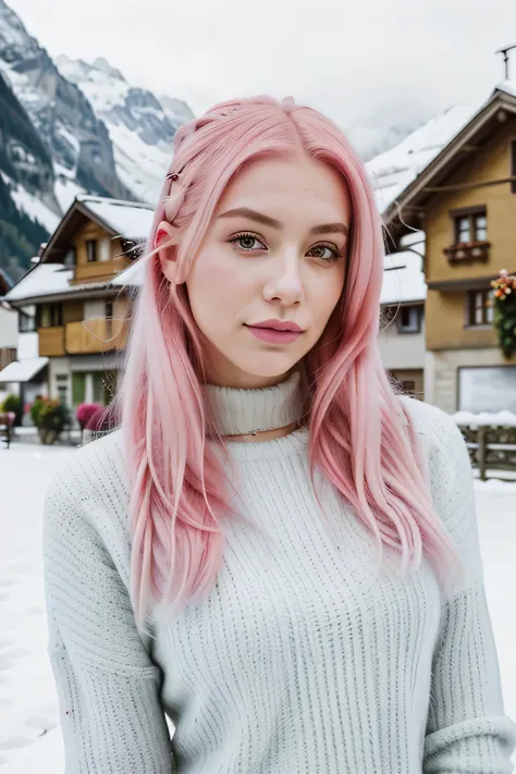 portrait of a very beautiful woman, professional model lover, with pink hair, instagram, influencer, background in Switzerland, winter