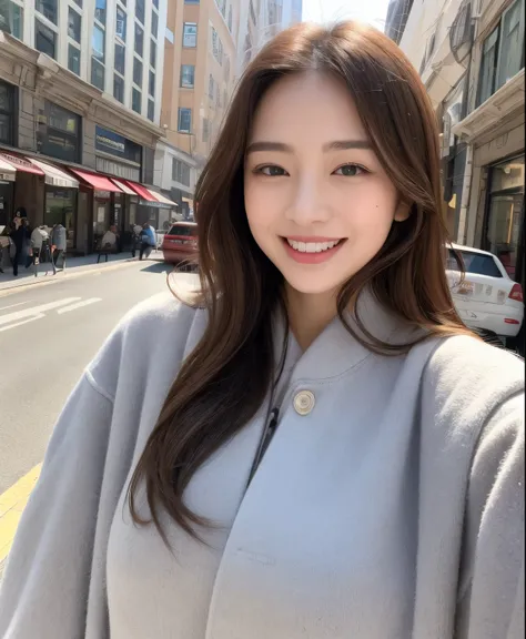 ((highest quality、In 8K、masterpiece:1.3))、1 girl、Beautiful woman with plump abs emphasized:1.3、(long haired person、big breasts:1.2)、in the city、super delicate face、sound、double eyelid、toothy smile、wearing winter clothes、look at the camera、big smile、Look at...