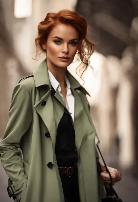 Longas, wavy red hair pulled back in a low bun Light green eyes Light skin with freckles all over her face Wears a classic tanned trench coat over a white button-down shirt and black pants Black oxford shoes Always wears a silver watch and small earrings :...