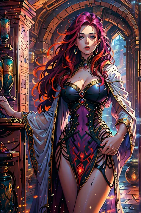 high details, best quality, 8k, [ultra detailed], masterpiece, best quality, (extremely detailed), full body, ultra wide shot, julie bell style (ultra details, Masterpiece, best quality), fantasy art, dnd art,fantasy art, realistic art, a sorceress casting...