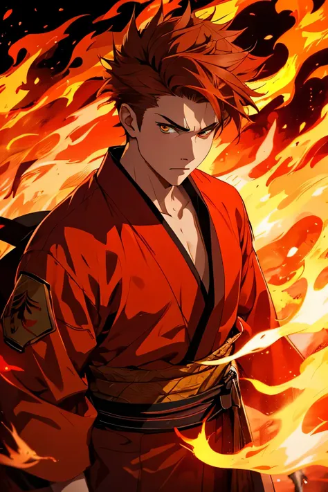 A young man, caucasian, orange eyes, wild spiky brown hair, frowning, red kimono, fire, flames, fiery background