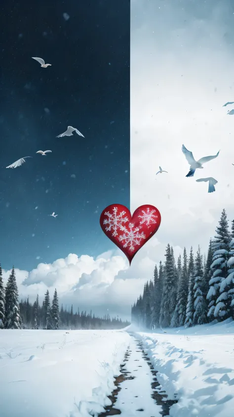 raw photo,Beautiful symmetrical red matte heart  ,blue snowflakes and white birds in the distance,. High image detail,Clear Focus, High Quality 8K,high contrast,