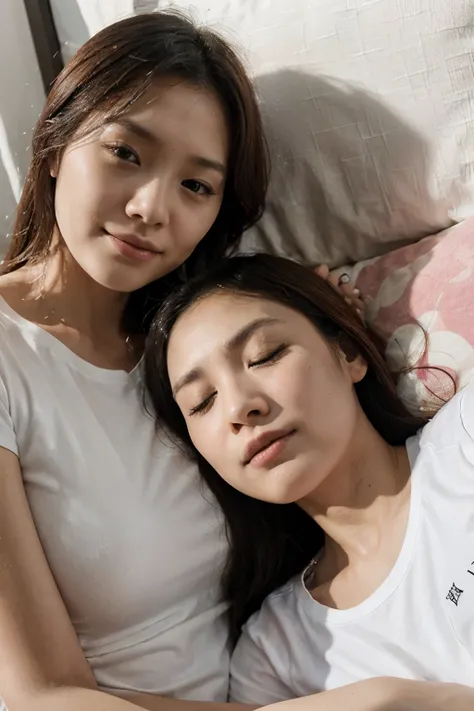 two Hong Kong female close friends, 30 years old, slim, hug, sleeping in bed together, look at camera, closeup photo, white t shirt, friends, hyper realistic, beautiful face, beautiful body