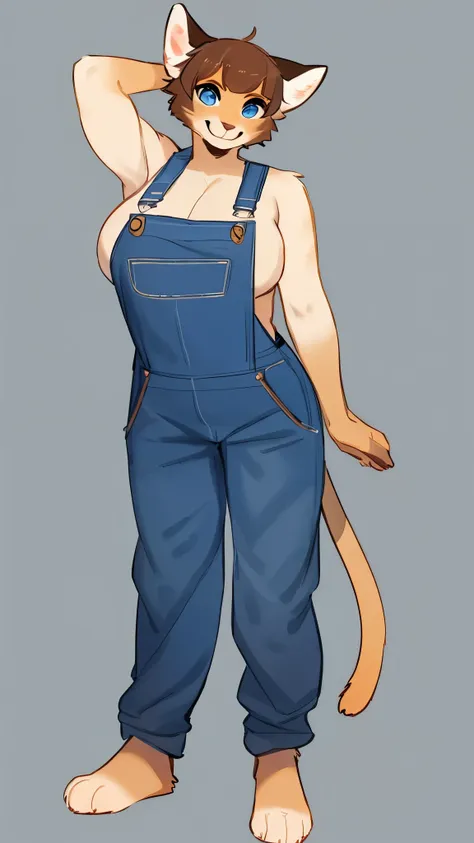 By bebebebebe, by lostgoose, by goonie-san, solo, snout, ears, feline, siamese cat, pale blue eyes, brown hair, short hair, hair bangs, muscular, smiling, happy, ((curvy)), brown upper face, offwhite fur, denim overalls only, just wearing overalls, nude be...