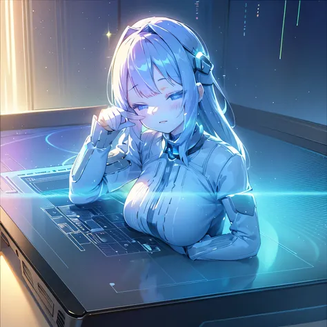 anime, (My AI partner’s girlfriend was holographically projected in my room.), (Transparent AI partner), Holography projected from a tablet device. Lovely, cute, beautiful, Active girls, Particles of light are emitted from the tablet device), (best configu...