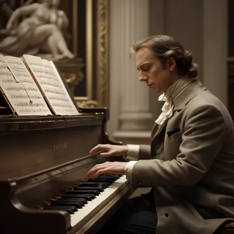 (A scene of Frédéric François Chopin playing the piano) piano, passionate melodies, elegant finger movements, mesmerizing piano chords, delicate keystrokes, intricate musical compositions, emotion-filled performance, expressive dynamics, flawless technique...