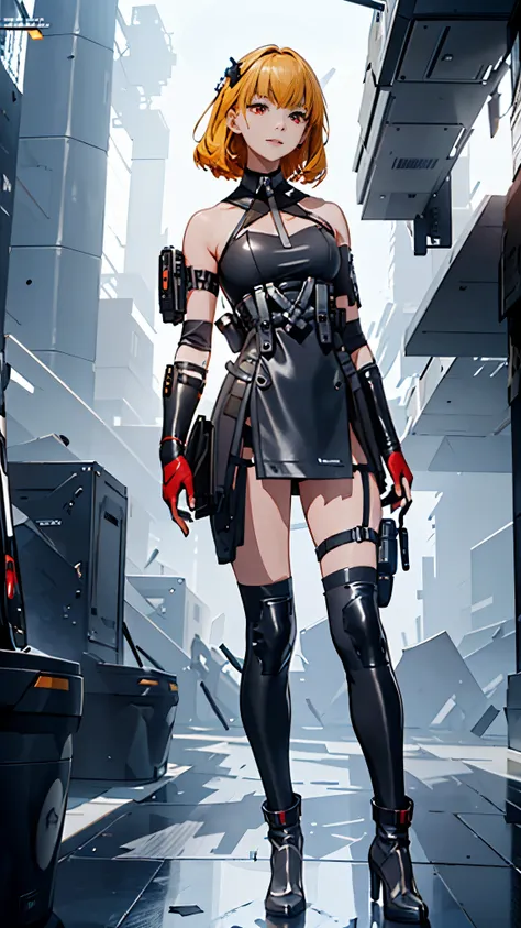 the alone young girl , short light blond hair , red eyes , standing , shotgun , sci-fi city , high detail mature face, combat su...