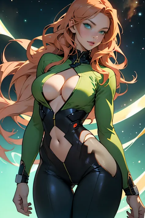 anime, 1 girl, anime girl, big breasts, hourglass figure, cleavage, wide hips, tight fitting clothes, green outfit, green eyes, pale skin, galaxy background, beautiful, long ginger hair, ginger hair girl, long hair, soft lips, gentle hands, delicate but do...