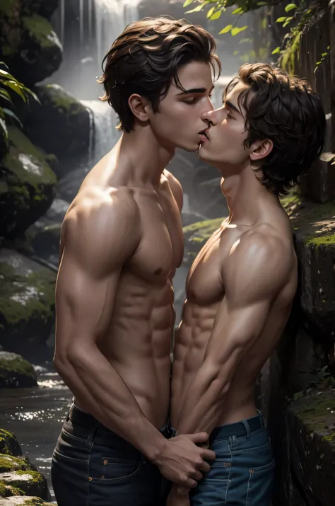 2 JOVENS homens muito bonitos sem camisa se beijando em uma cachoeira , ultra realistic, 8k, cinematic.