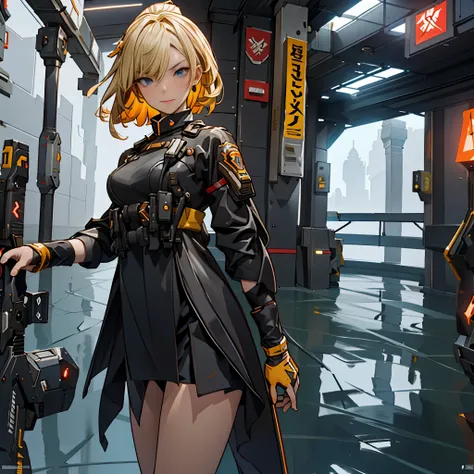 the alone young girl , short light blond hair , vermilion eyes , standing , shotgun , sci-fi city , high detail mature face, com...