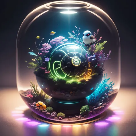 best quality, 32k, RAW photo, incredibly absurdres, extremely detailed, AI partner who lives inside a spherical aquarium key chain, a colorful java sparrow, small cute characters, wall of clock gears and luminous parts made from precision machinery, rainbo...