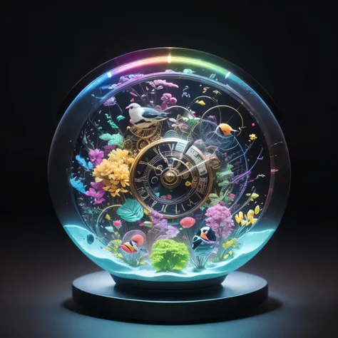 best quality, 32k, RAW photo, incredibly absurdres, extremely detailed, AI partner who lives inside a spherical aquarium key chain, a colorful java sparrow, small cute characters, wall of clock gears and luminous parts made from precision machinery, rainbo...