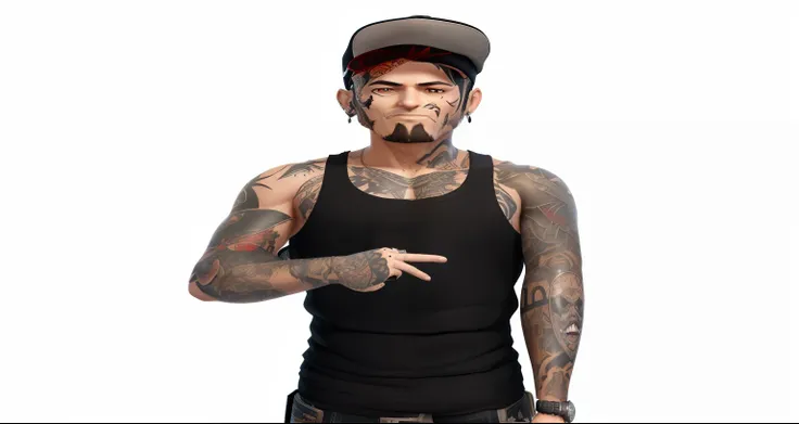 arafed man with tattoos and a cap pointing at something, imvu, tony sandoval. 8 k realistic, upper body avatar, no hood | | realistic shaded, highly detailed full body, inspired by Randy Vargas, detailed full body, highly detailed character, full body deta...