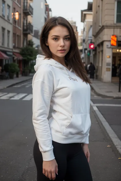 ((best quality)), ((masterpiece)), (detailed), perfect face tall skinny big chest brunette woman wearing a white hoodie and leggings

