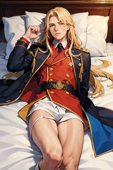 1boy, long blonde hair, lying in bed, wearing Soviet union coat, big dick