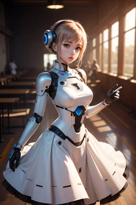 female robot wearing a dress　The dress is also a machine　Machine body　Inside the Dance Hall