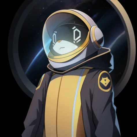 solo, male, rabbit, yellow colored fur, lean body, anthropomorphic rabbit, wearing space helmet with a drone symbol on the visor, captains coat, tinted helmet 