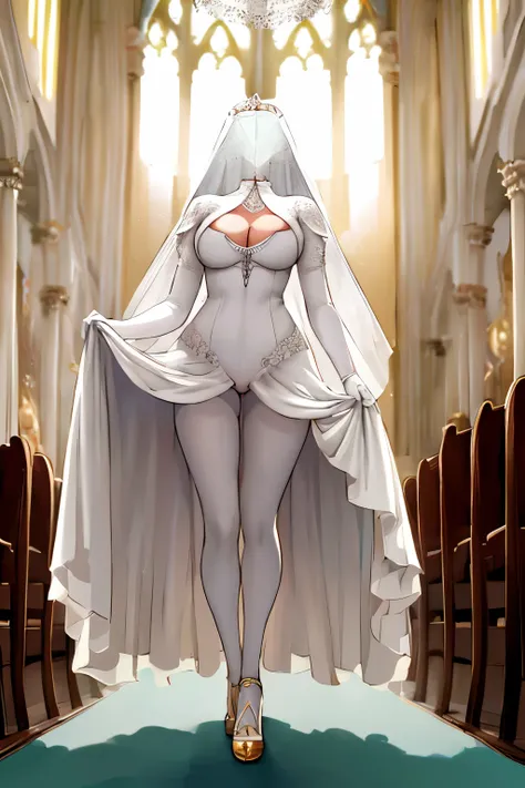 highly detailed, high quality, masterpiece, beautiful, disembodiedhead, 1girl, solo, headless, adult, bride, cleavage, wedding d...