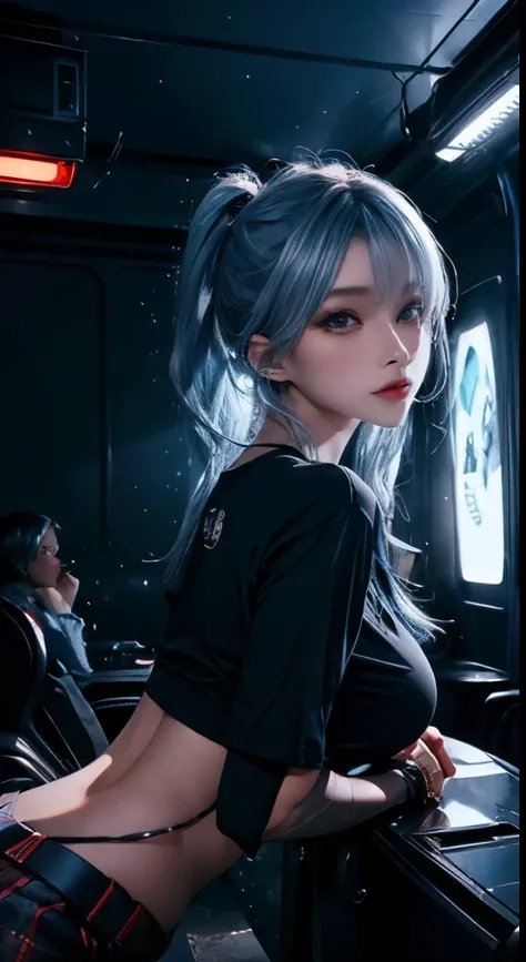 top-quality、Top image quality、​masterpiece、girl with((18year old、Best Bust、Medium bust、Bust 85,Beautiful blue eyes、Breasts wide open,Black Short Sleeve T-Shirt、White see-through、Black short skirt、Ponytail with black hair、grin、Fashionable bags、Beautiful blu...