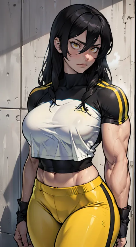 pale (((((girl))))) ((((muscular)))) ((big breasts toned body thick)) expressionless sad black hair yellow eyes pale sweaty skintight midriff