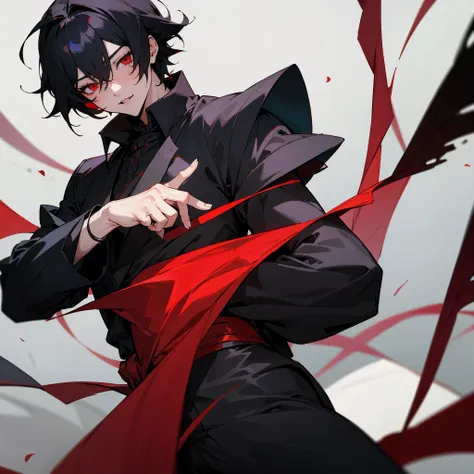 masterpiece, best quality, (anime boy:1.3), black hair, red eyes, gothic clothes, (sexy), detailed eyes