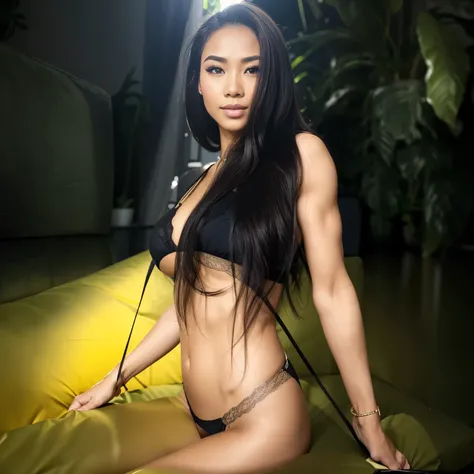 Young Thai woman, fit physique, fitness physique, wearing sexy black lingerie sitting on the couch with legs open, corps sexy, (8K), (best quality), (chef-d&#39;artwork:1.3), (Realistic), (photorealistic:1.34), Ultra-detailed, [Beautiful detailed eyes], (s...