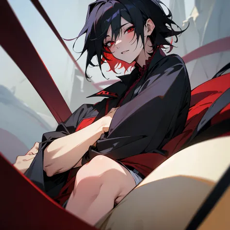 masterpiece, best quality, (anime boy:1.3), black hair, red eyes, gothic clothes, (sexy), detailed eyes