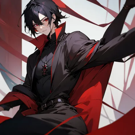 masterpiece, best quality, (anime boy:1.3), black hair, red eyes, gothic clothes, (sexy), detailed eyes