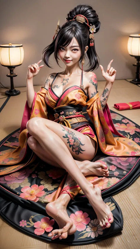 A beautiful 18 year old girl，Dark brown short hair。naked breast enlargement，Small waist，slim body。Japanese woman with toothy smile and Ukiyoe tattoo on her back sitting on mat, japanese goddess, Japanese model, Ukiyoe tattoo girl, Full body covered with Uk...