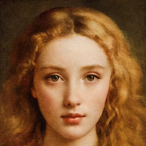 um close de uma pintura de uma jovem ruiva, Pre-Raphaelite oil painting, inspired Direction: Sophie Anderson, y pre-rafaelita, inspirado em Sophie Gengembre Anderson, Pre - Beautiful Raphaelite, Retrato de Afrodite adolescente, Direction: Sophie Anderson, ...