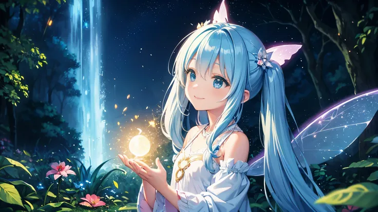 dynamic angle、 within a magical forest, a mystical fairy girl emerges, light blue long hair、Hairstyle twin tails、adorable smile, Sparkling blue, white, yellow, red, orange, pink, rainbow-colored costumes、the glow of the moonlight,  flower bloom、A big pure ...