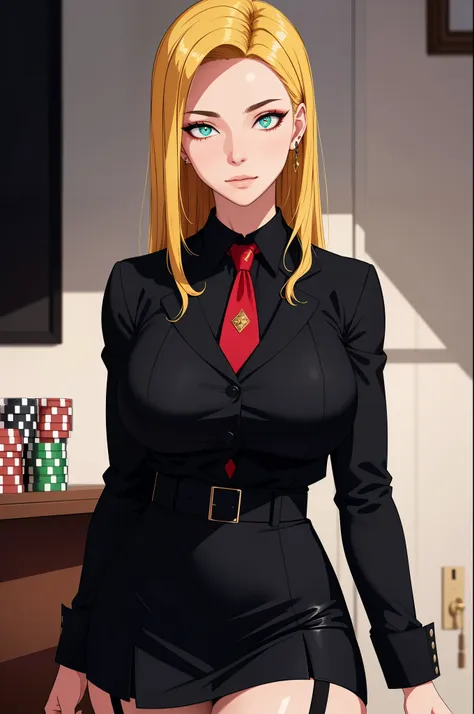 (masterpiece, highres, best quality:1.2), 8K, highly detailed, intricate, colorful, vibrant image, sharp focus, cinematic)  blonde hair, long hair, green eyes, body builder (Wearing black business outfit, black_collared shirt cropped jacket ,tie,necktie,bl...