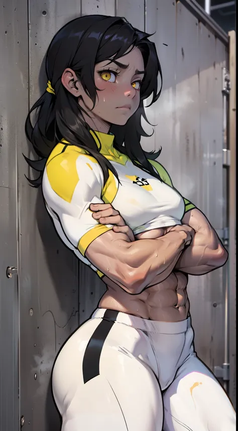 pale (((((girl))))) ((((muscular)))) ((small breasts toned body thick)) expressionless sad black hair yellow eyes pale sweaty skintight midriff thick thick 