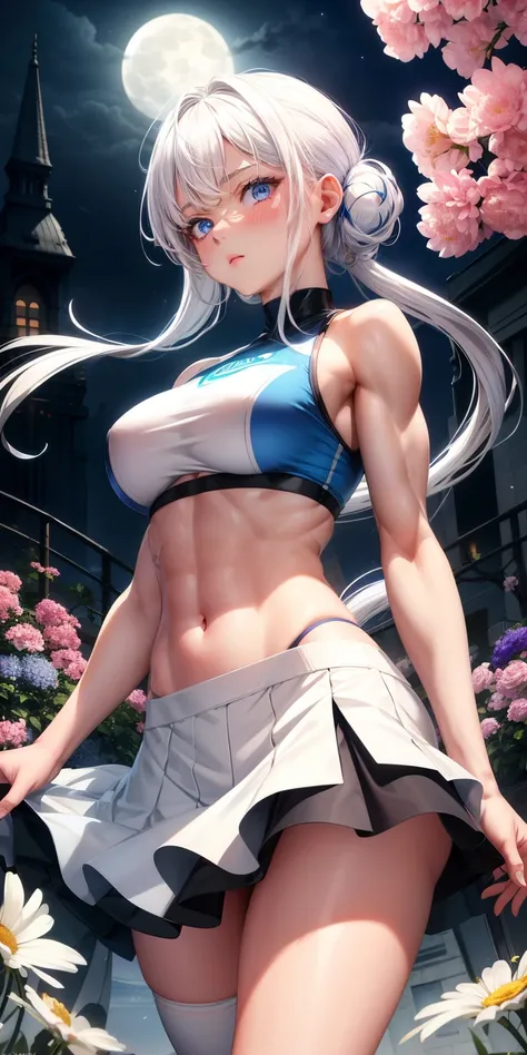 actual, 1 girl, white hair, blue eyes, glowing eyes, crop top, skirt, open lips, blush, Gym, flowers, night, moonlight, abdominal muscles, muscle , biceps