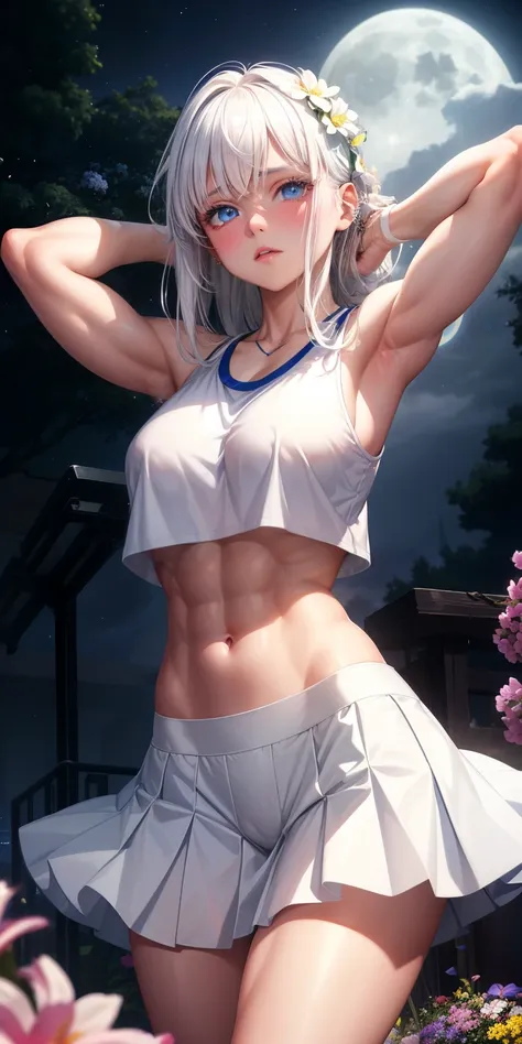 actual, 1 girl, white hair, blue eyes, glowing eyes, crop top, skirt, open lips, blush, Gym, flowers, night, moonlight, abdominal muscles, muscle , biceps