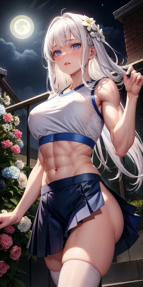 actual, 1 girl, white hair, blue eyes, glowing eyes, crop top, skirt, open lips, blush, Gym, flowers, night, moonlight, abdominal muscles, muscle , biceps