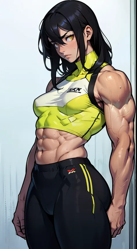 pale (((((girl))))) ((((muscular)))) (((small breasts toned body thick))) expressionless sad black hair yellow eyes pale sweaty skintight midriff thick