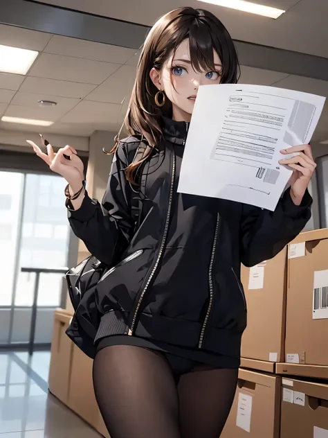 a receptionist woman, rugged sneakers, tiny earrings, holding some documents, showing off her panties, pantyhose,